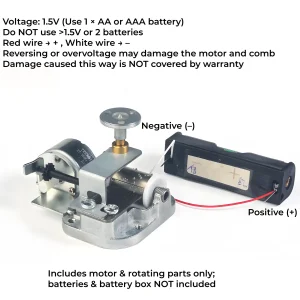 Wiring diagram for a battery powered music box mechanism showing positive and negative connections.