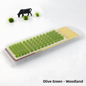 Olive green static grass tufts for woodland diorama scenery and wargame grass for miniatures.