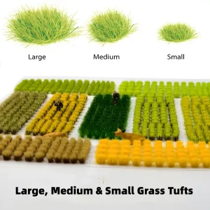 Detailed view of miniature grass tufts for wargame grass and professional diorama scenery.