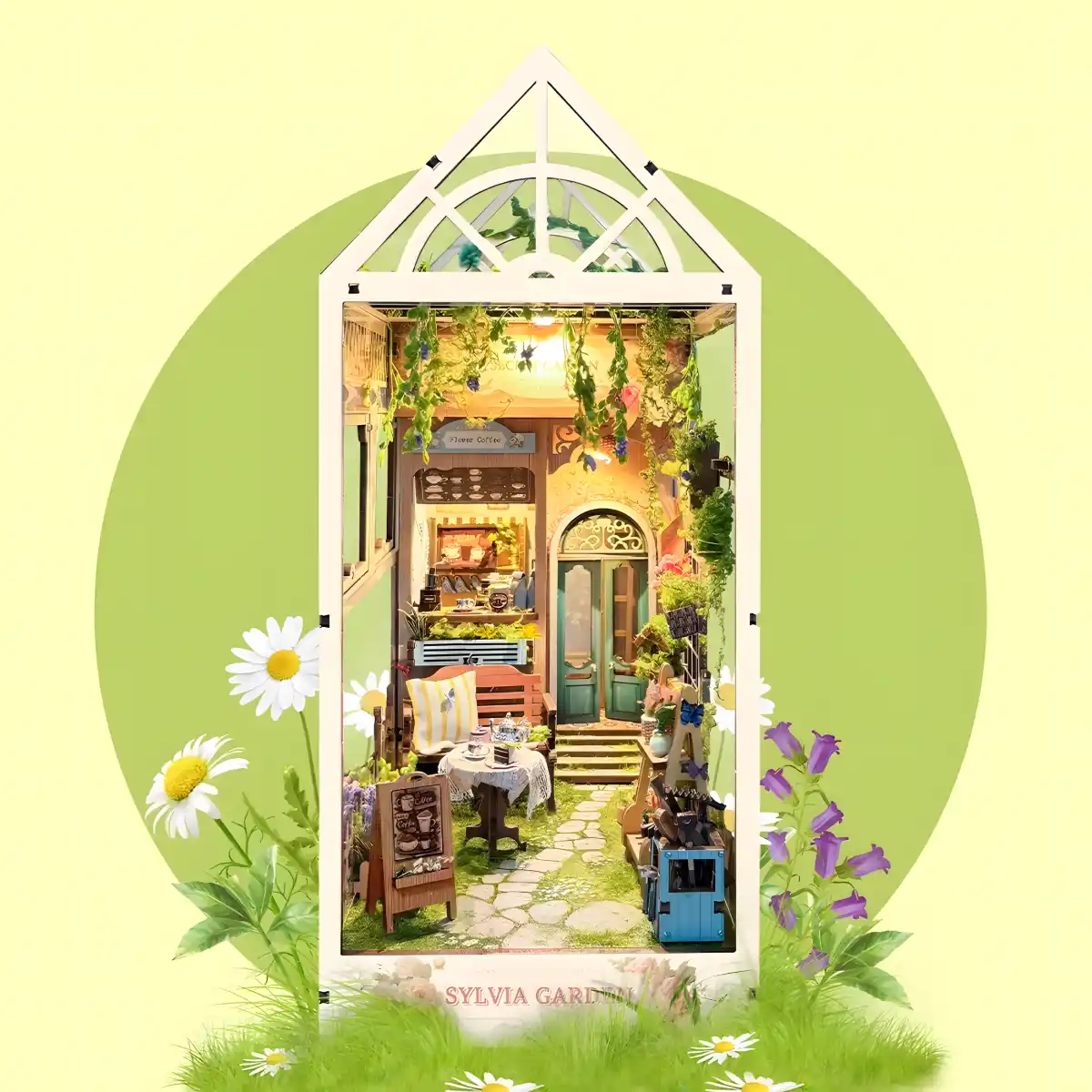 Sylvia Garden Book Nook Kit front view framed by a green circle and daisies.