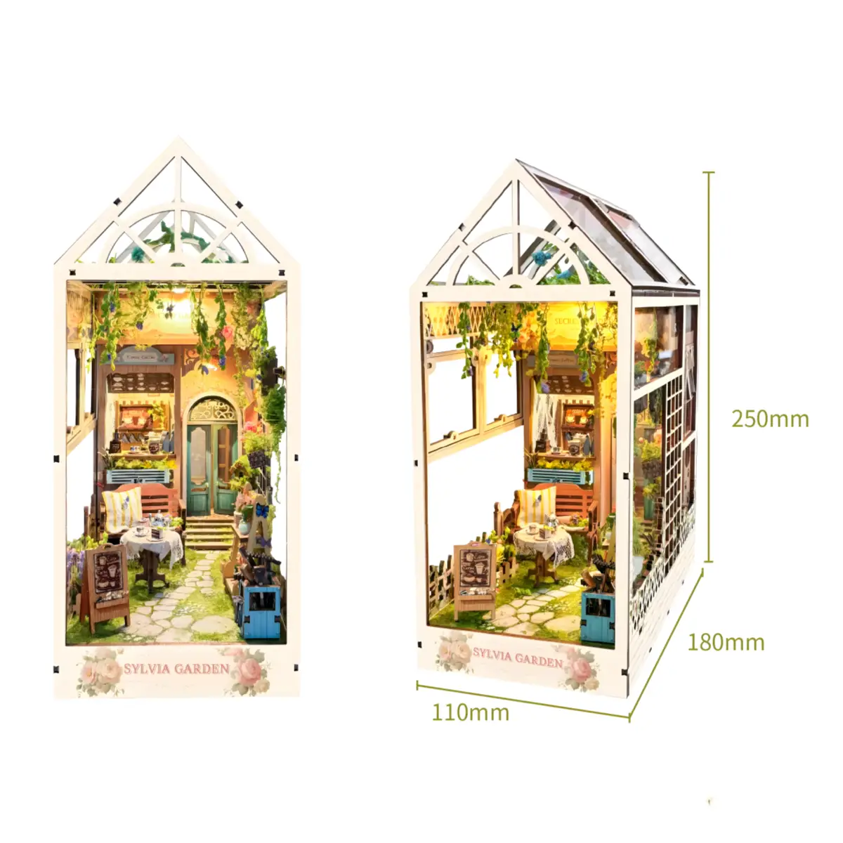Dimensions of Sylvia Garden Book Nook showing height of 250mm and depth of 180mm.