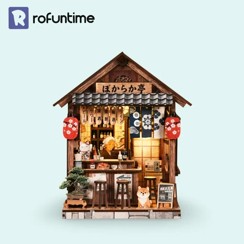 Cozy Japanese Izakaya Book Nook miniature pub bookshelf insert with glowing lanterns