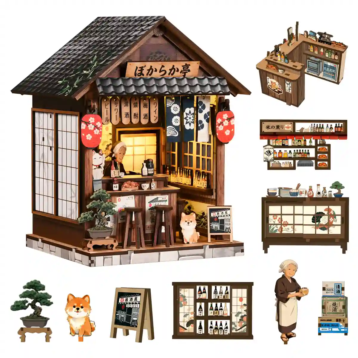 The Mellow Pub Book Nook kit components miniature furniture Shiba Inu and woman figure