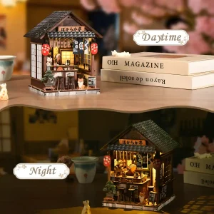 The Mellow Pub Book Nook kit with daytime and nighttime lighting options on a desk