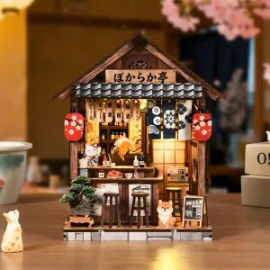 Japanese Izakaya Book Nook miniature scene with cat figure and O!H magazine
