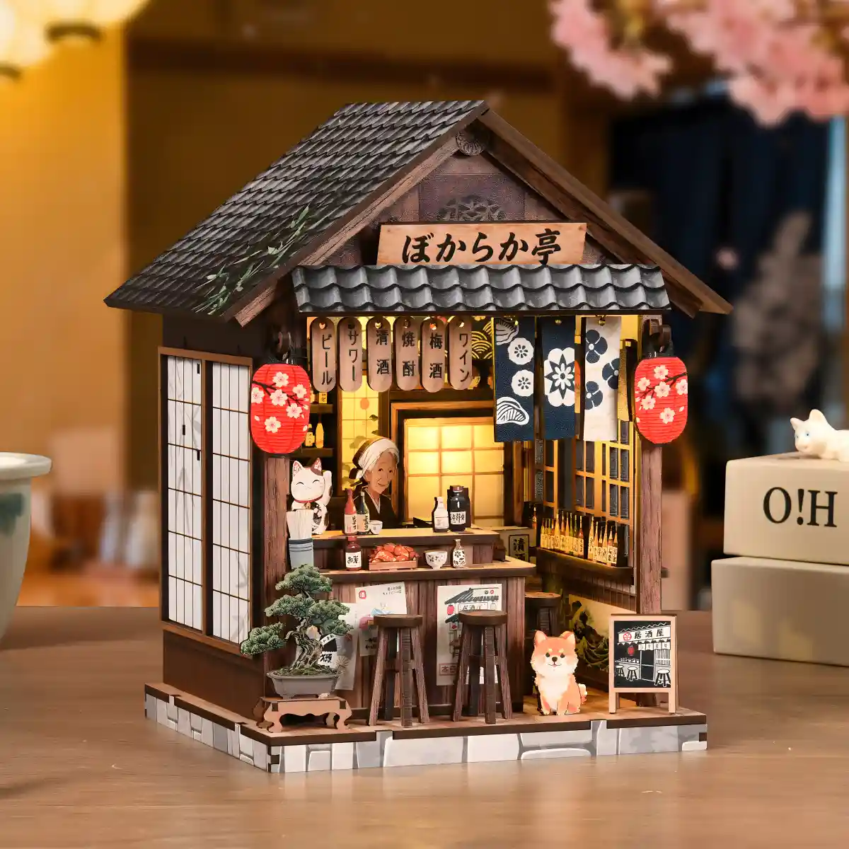 3/4 perspective view of miniature Japanese Book Nook diorama with shoji doors
