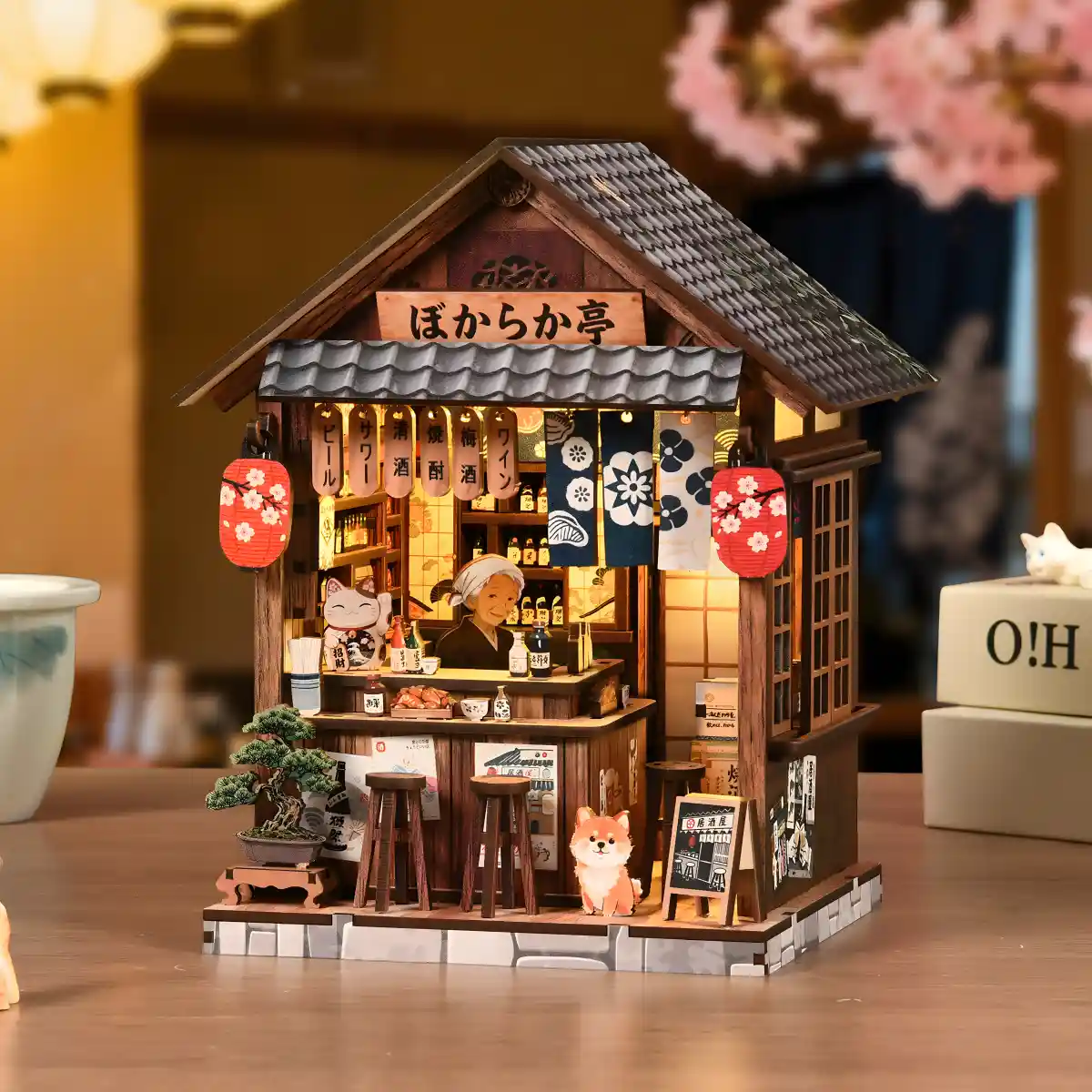 Closer perspective of finished Japanese Pub Bookshelf Insert diorama details