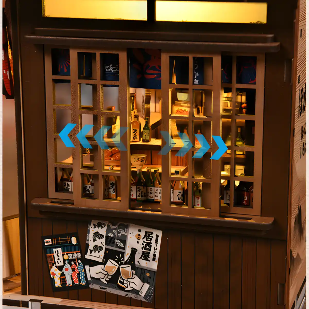 Detail of sliding wooden frame window on miniature Japanese Izakaya wall