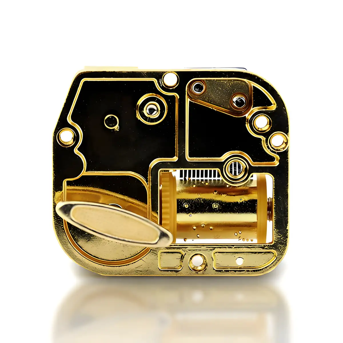 Flat bottom view of a Yunsheng 18 note music box movement with gold plating.