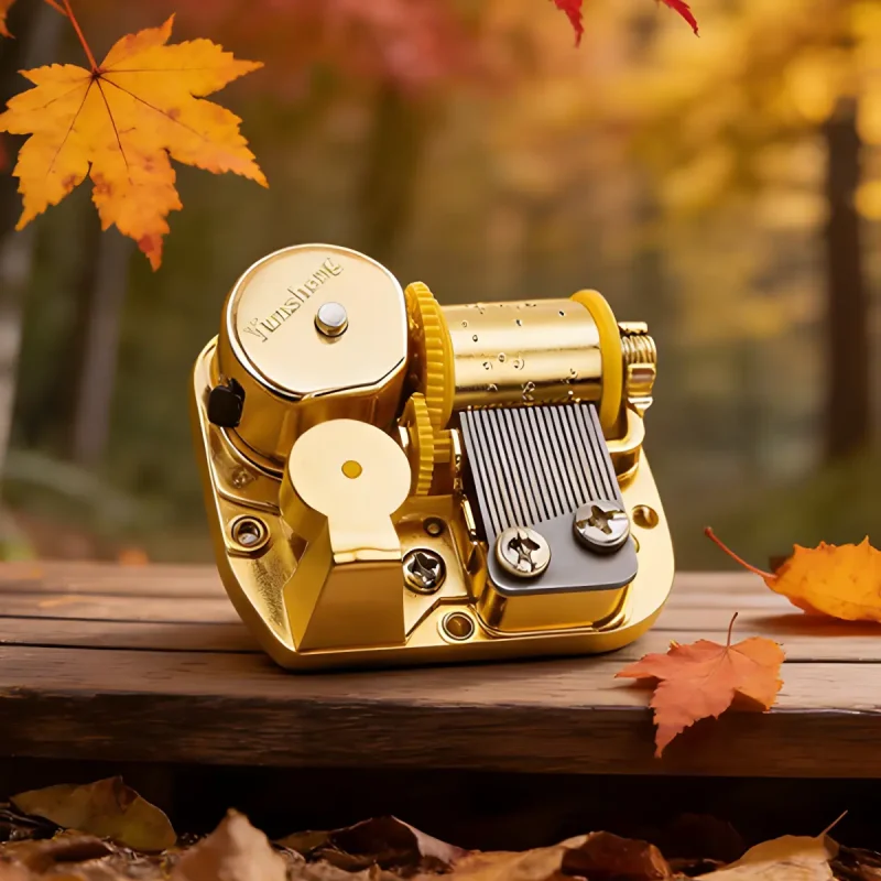 Wind up music box mechanism outdoors on wood with autumn leaves background.