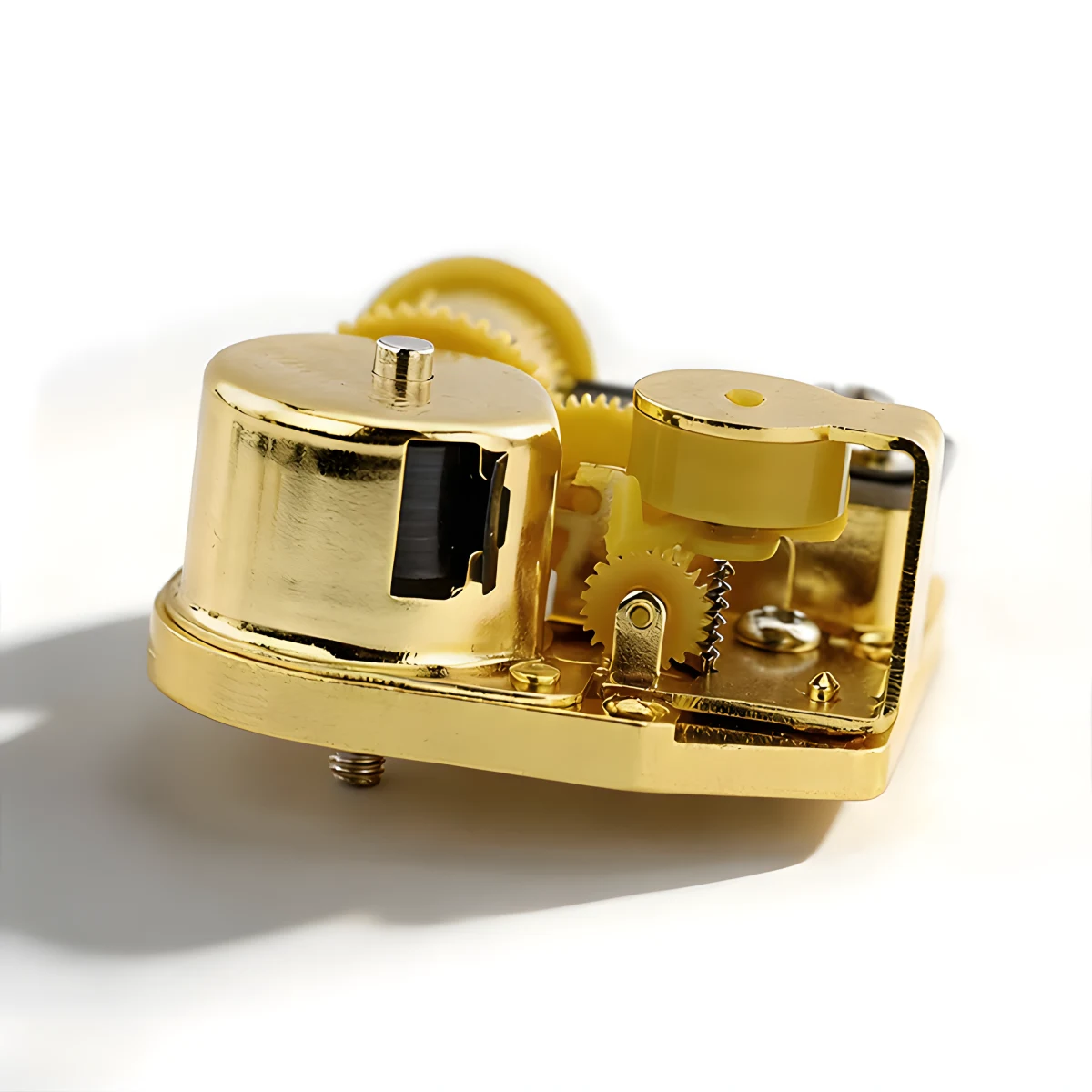 Side view of Yunsheng music box mechanism showing governor and wind up gears.