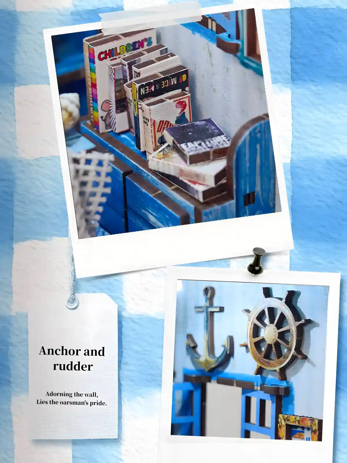 Interior details of Santorini DIY book nook featuring miniature beach house kit books and rudder.