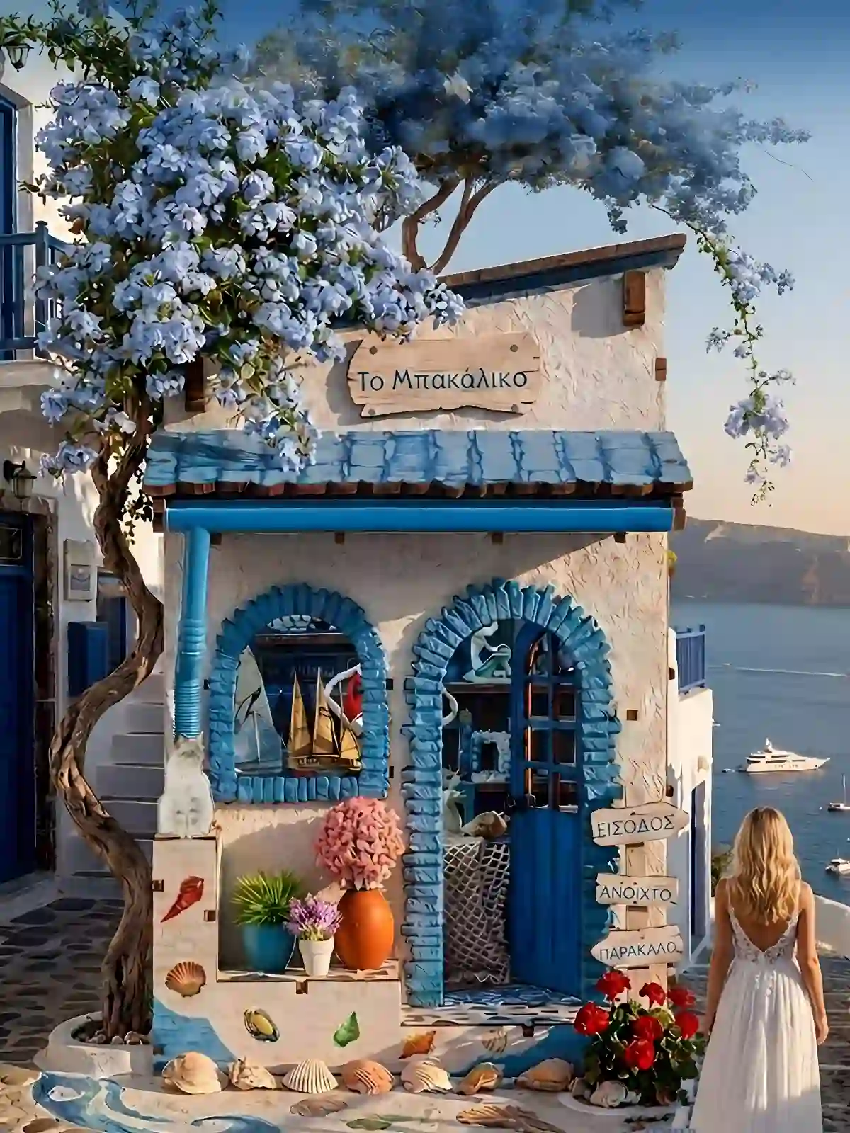 Beach Corner Book Nook blended into a real Santorini coastal miniature scene with blue flowers.