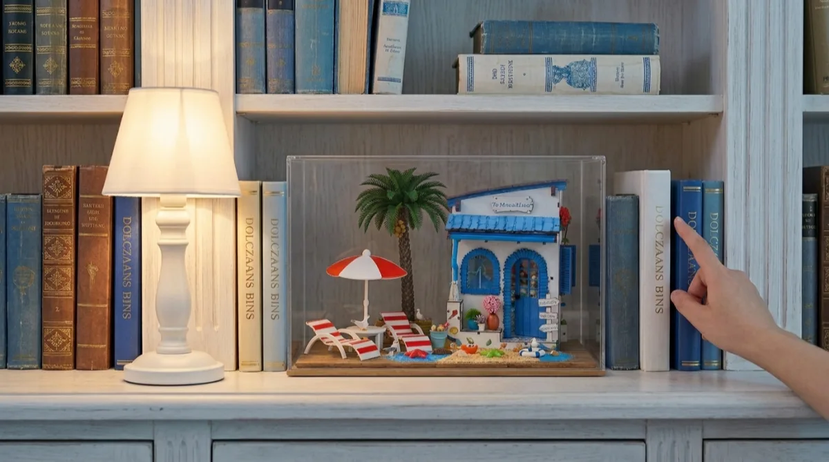 Beach theme book nook accessories showcased in clear acrylic display case on home bookshelf