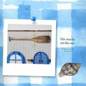 Close-up of mini wooden oar decoration inside a Greek seaside miniature house.