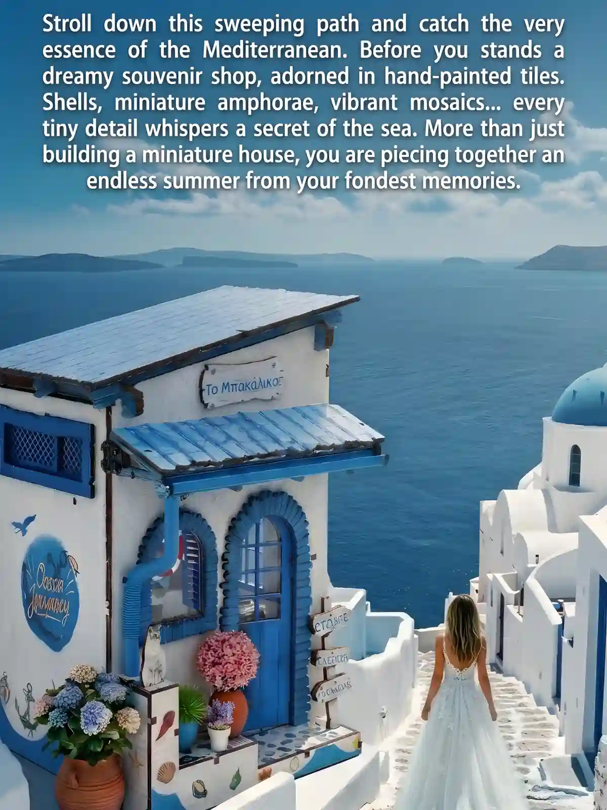Artistic mood board linking the DIY coastal book nook to real Greek island architecture.