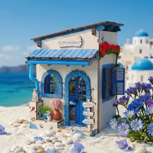 Beach Corner Book Nook glowing beautifully against a sunset ocean coastal miniature scene.