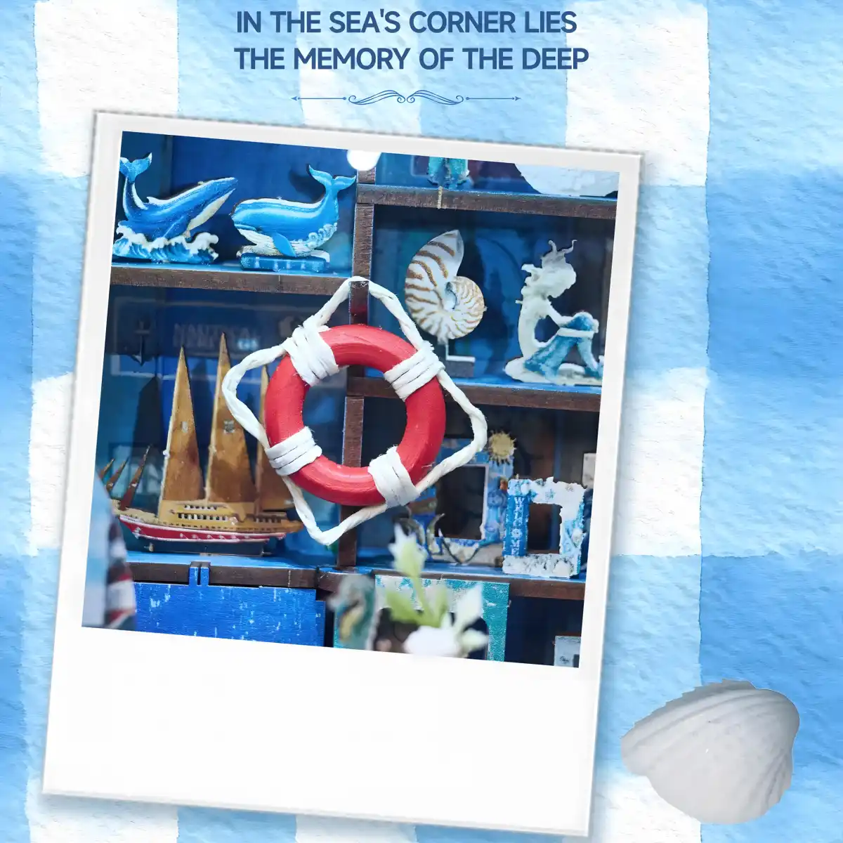 Detailed miniature sailboat and ocean treasures on shelves inside the Mediterranean book nook.