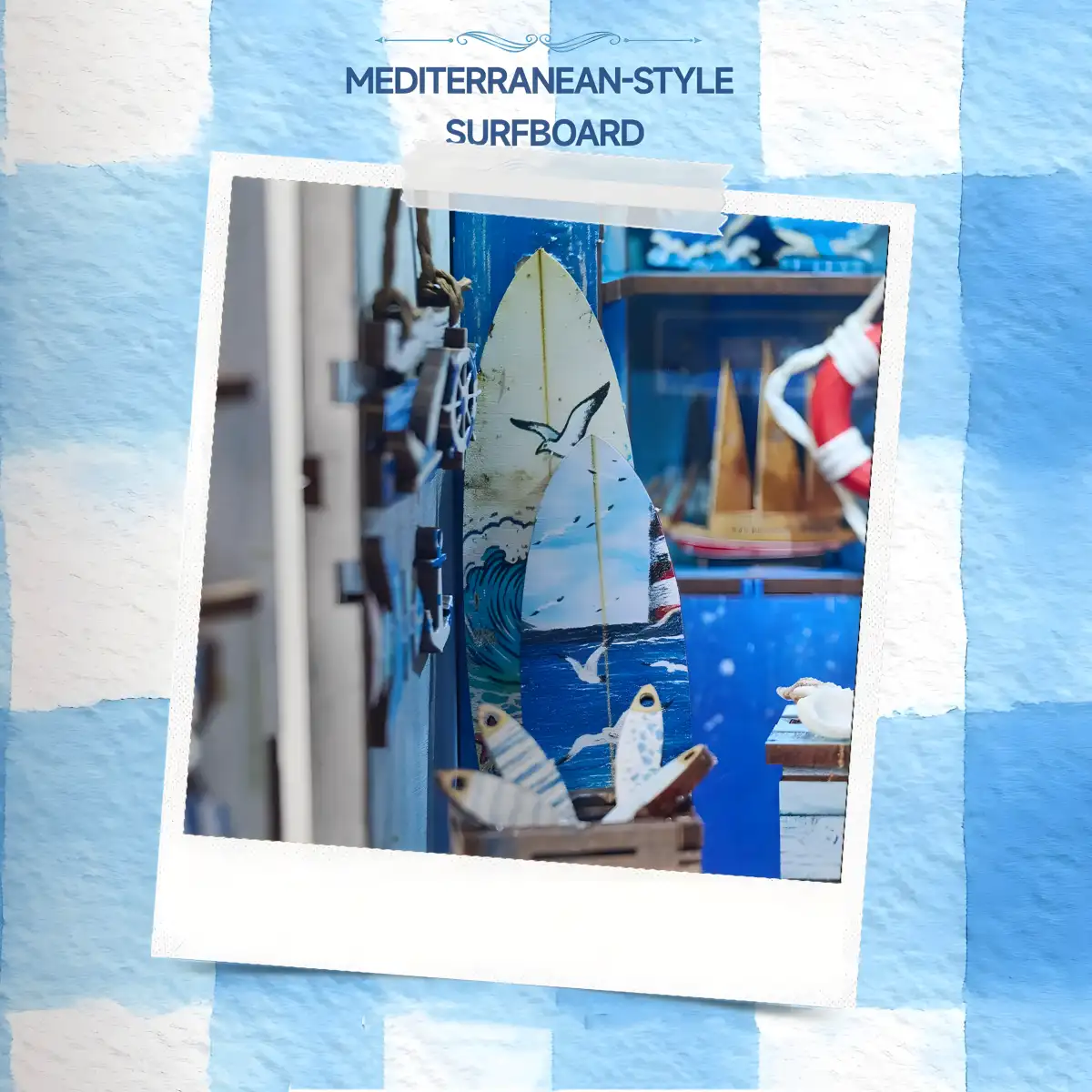 Close-up of a tiny striped surfboard inside the seaside miniature shop kit.