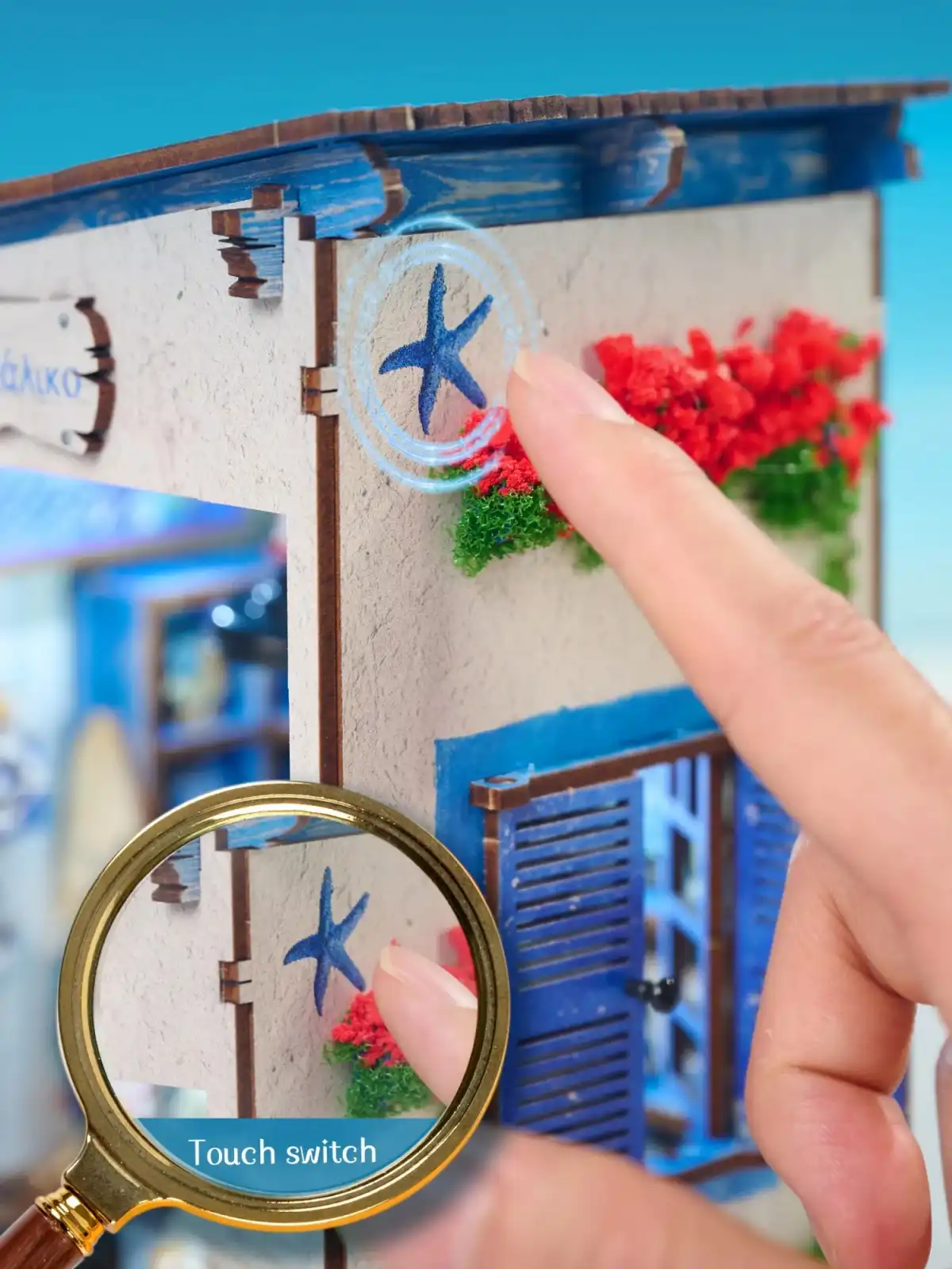User demonstrating the seamless touch switch sensor on the immersive DIY book nook base.