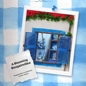 Arched Mediterranean shutter window close-up on the stucco wall of a Santorini DIY book nook.