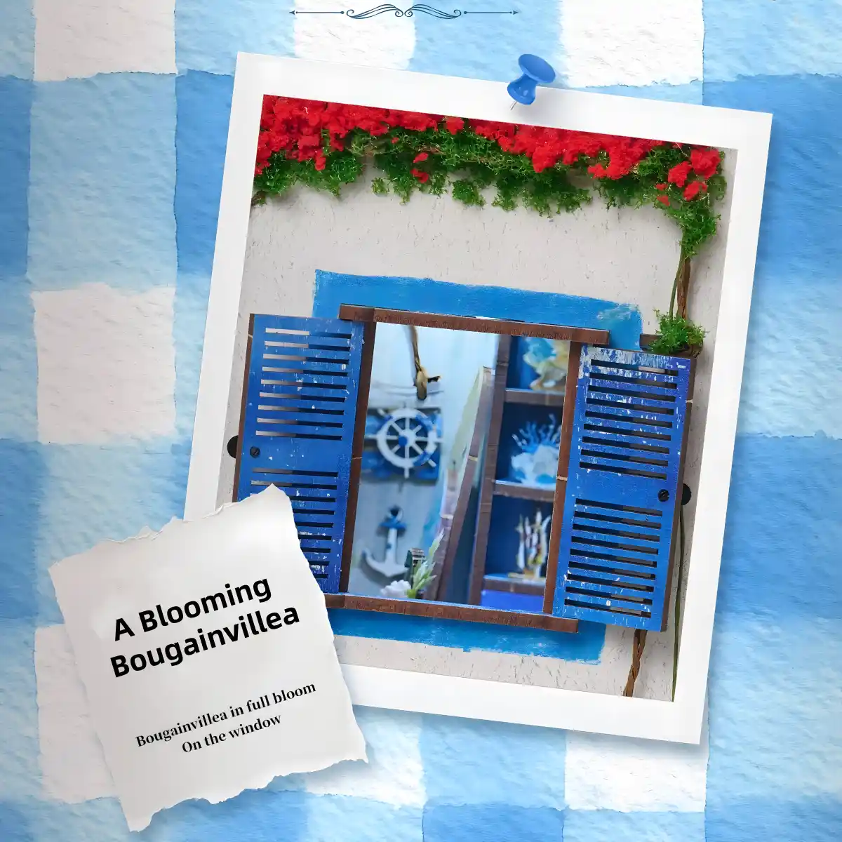 Arched Mediterranean shutter window close-up on the stucco wall of a Santorini DIY book nook.