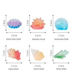 Miniature beach decor kit realistic colorful seashell selection with detailed metrics chart.