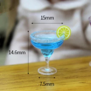 Blue cocktail miniature beach accessories with dimensions for DIY coastal miniature scene.