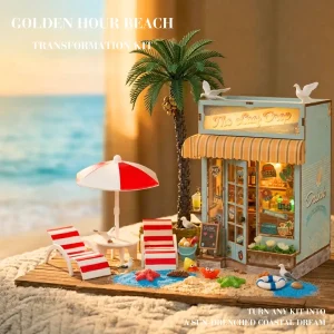 Beach theme book nook accessories decorating a custom sun drenched coastal room diorama