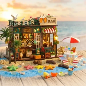 Beach scene customization kit detailing an illuminated seaside pub dollhouse with beach sand.
