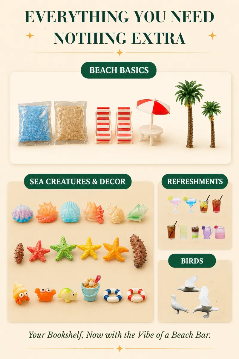 Complete components of Golden Hour Beach Transformation Kit including sand chairs and sea creatures