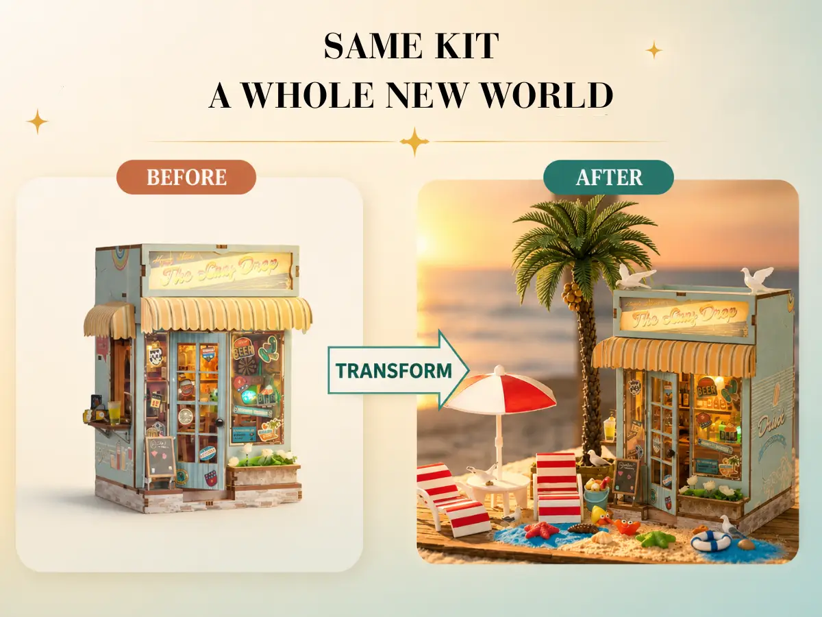 Before and after split view using Golden Hour Beach Transformation Kit on miniature bar
