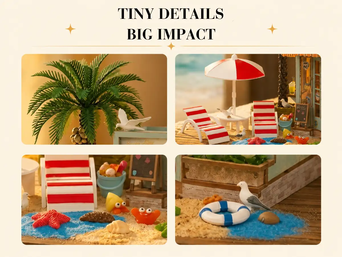 Close up of miniature beach decor kit featuring tropical miniature accessories and tiny crabs