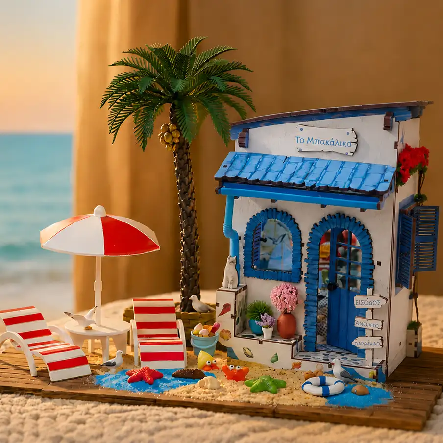 Completed DIY beach book nook transformation showing a coastal miniature scene with palm tree and deck chairs.