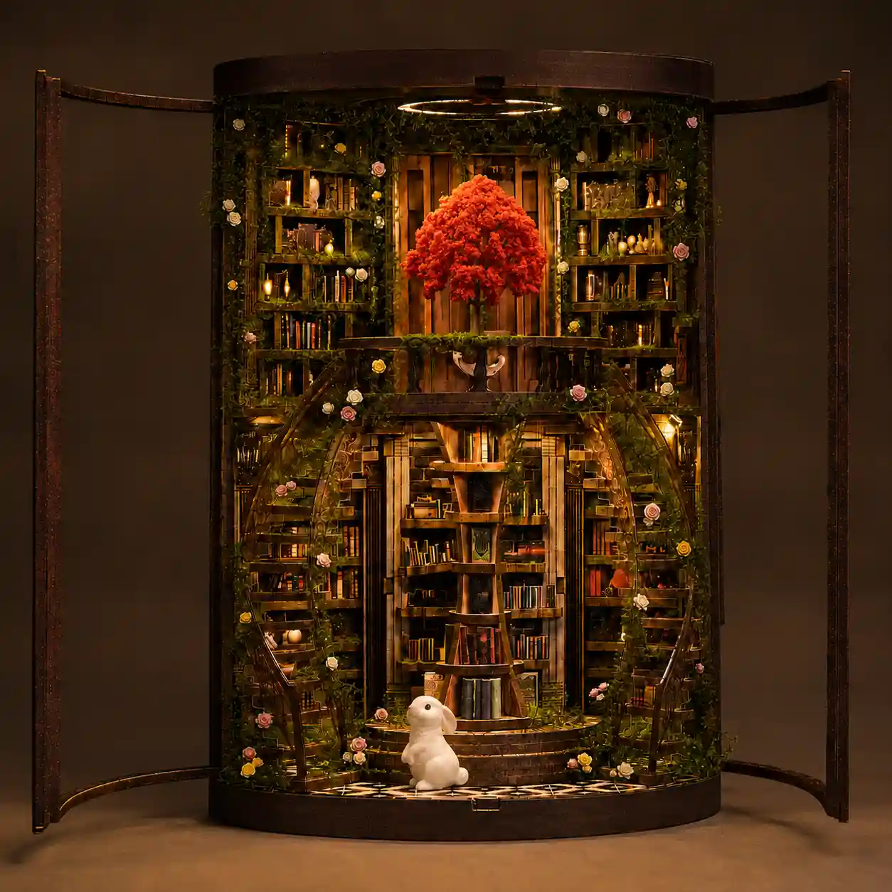 Wisdom Rings Bookstore customization with romantic miniature vines, colorful roses, and a white rabbit figurine.