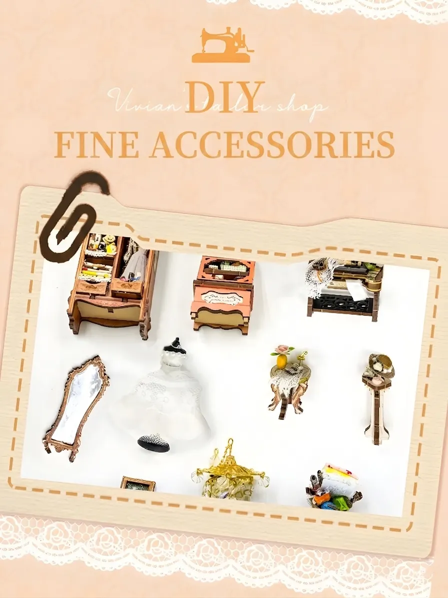 DIY book nook kit miniature tailoring accessories including vintage sewing table and wedding gown