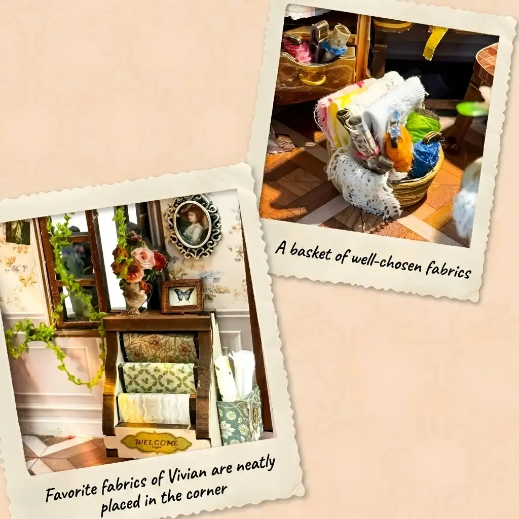 Sewing shop miniature scene featuring neat fabric rolls and a basket of well-chosen materials