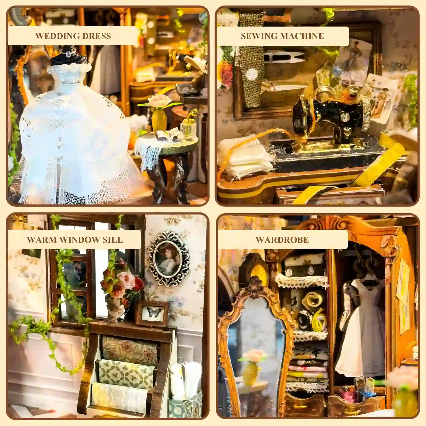 Four core features of the tailor shop book nook wedding dress sewing machine wardrobe windows