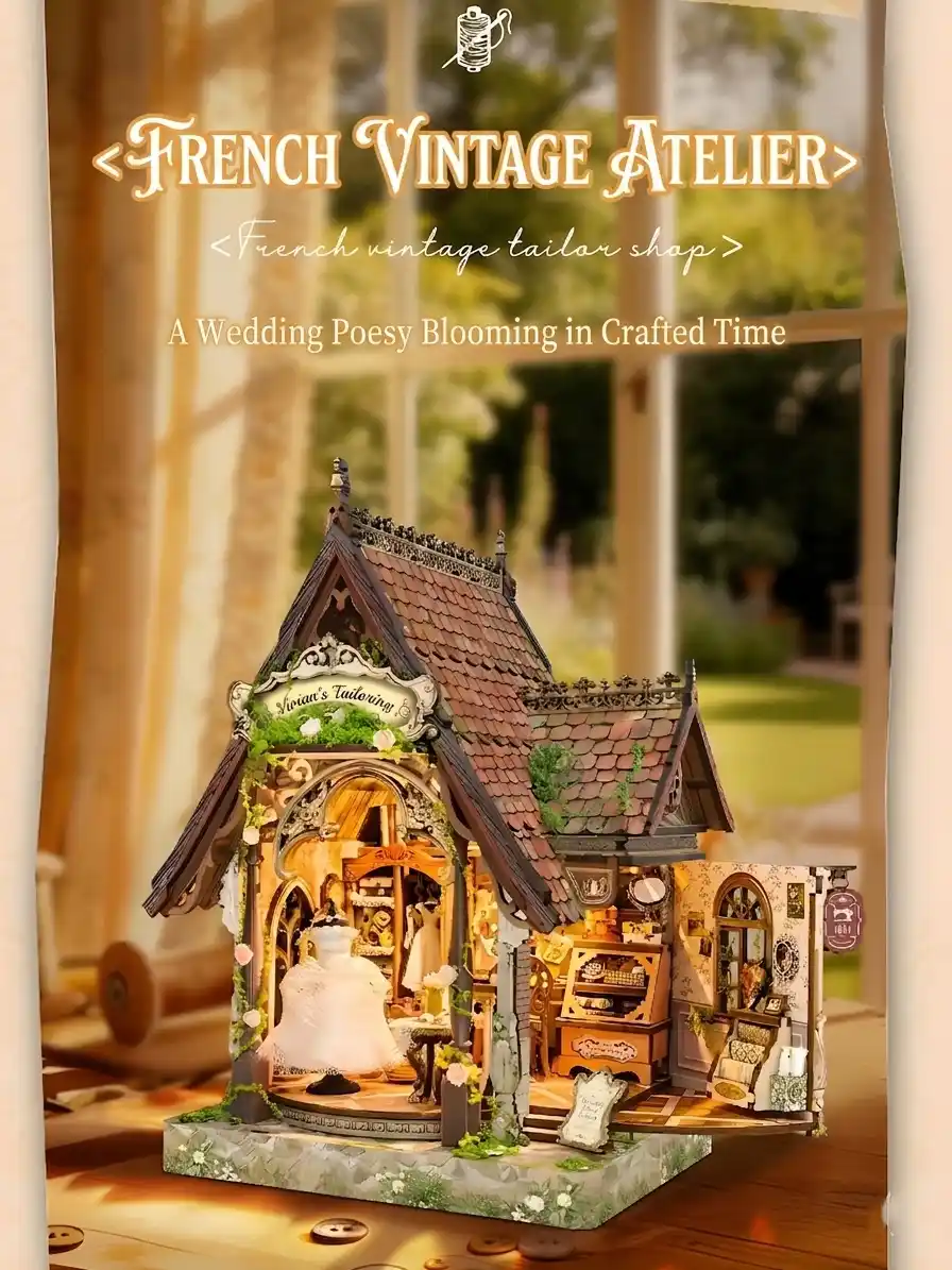 Romantic book nook kit featuring a wedding poesy blooming in French vintage tailor shop