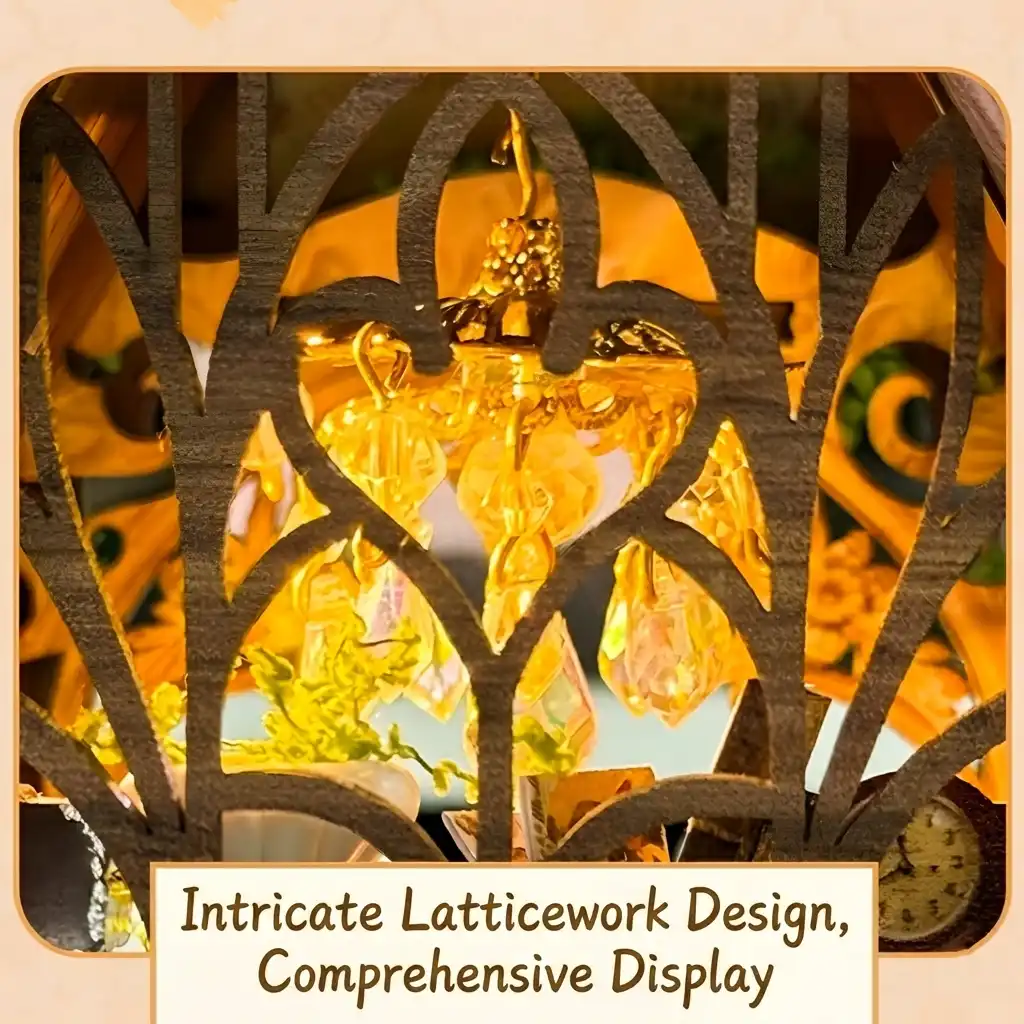 French vintage book nook wooden hollow carved pattern back design with warm glowing chandelier