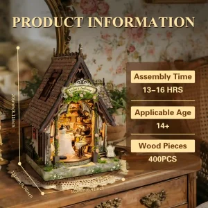 Tailor shop book nook kit specifications listing assembly time age rating and wood pieces