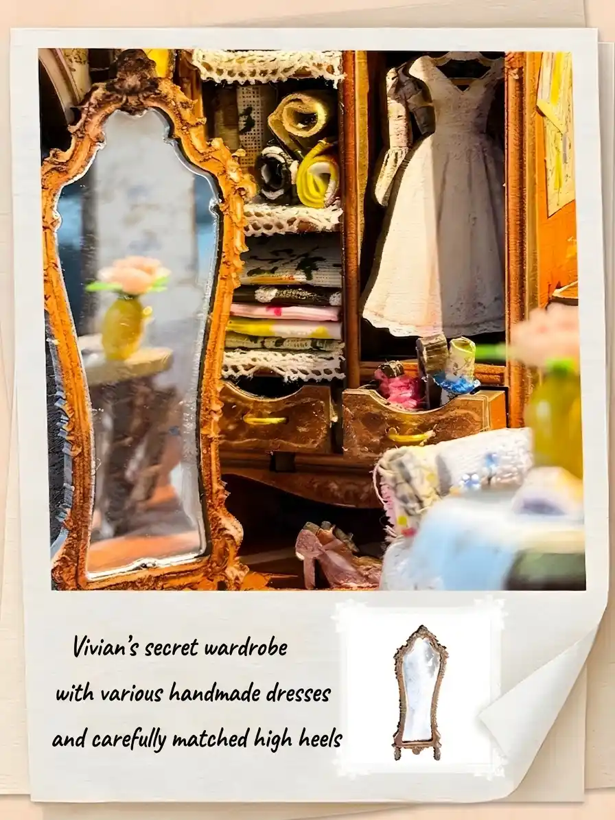Vintage dressmaker book nook secret wardrobe with miniature dresses and full length mirror