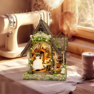 Dream Dress Studio Book Nook placed inside a real sunlit crafting sewing room