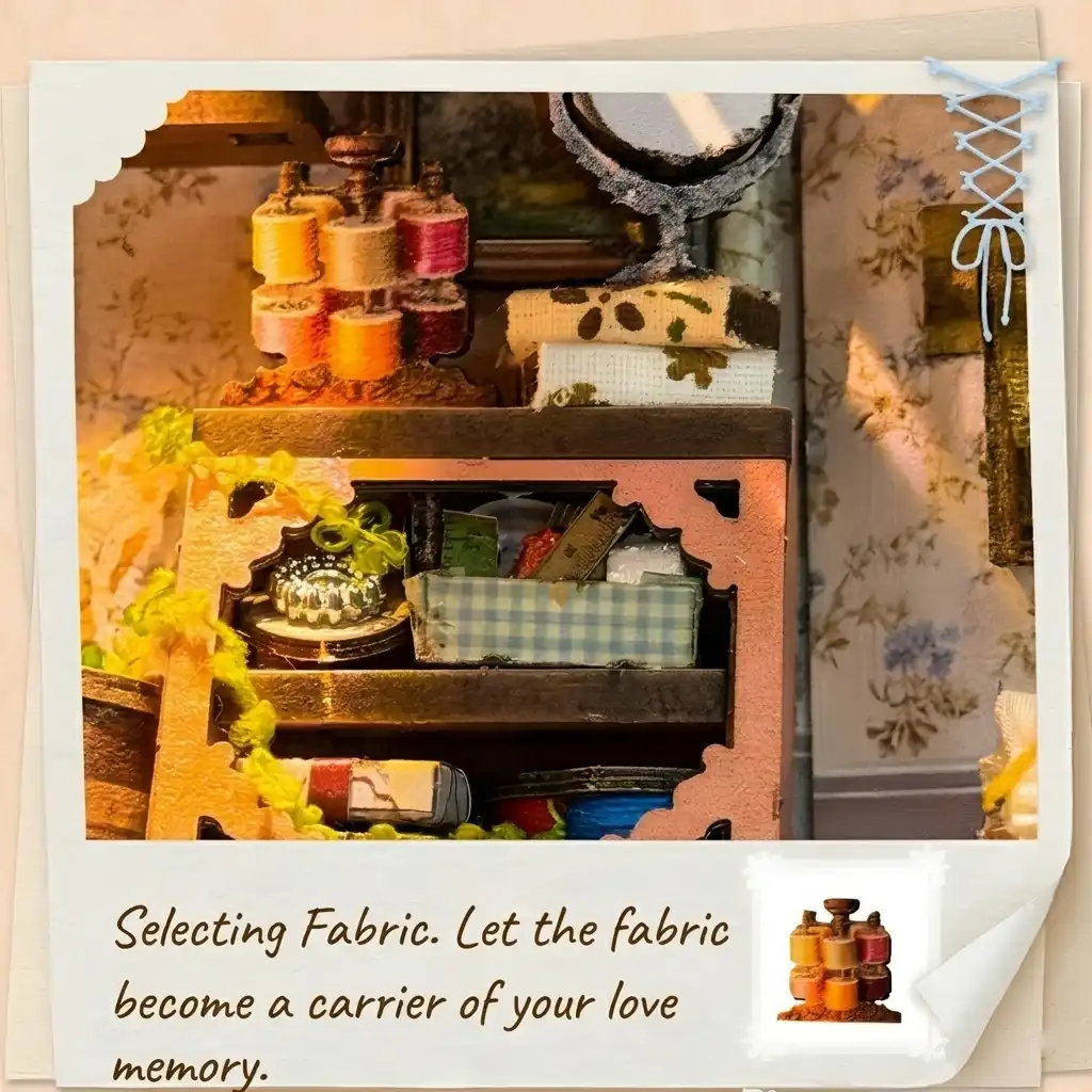 DIY miniature tailor studio colorful thread spools cabinet and tiny workspace tools
