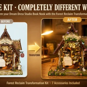 DIY Transformation Kit showing before and after comparison of a custom forest book nook decor.