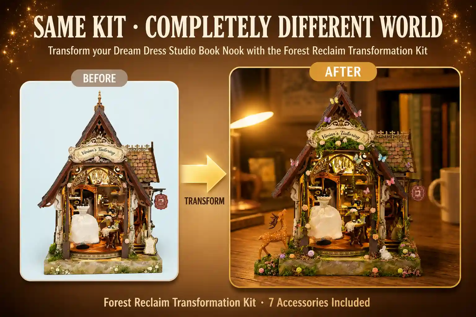 DIY Transformation Kit showing before and after comparison of a custom forest book nook decor.