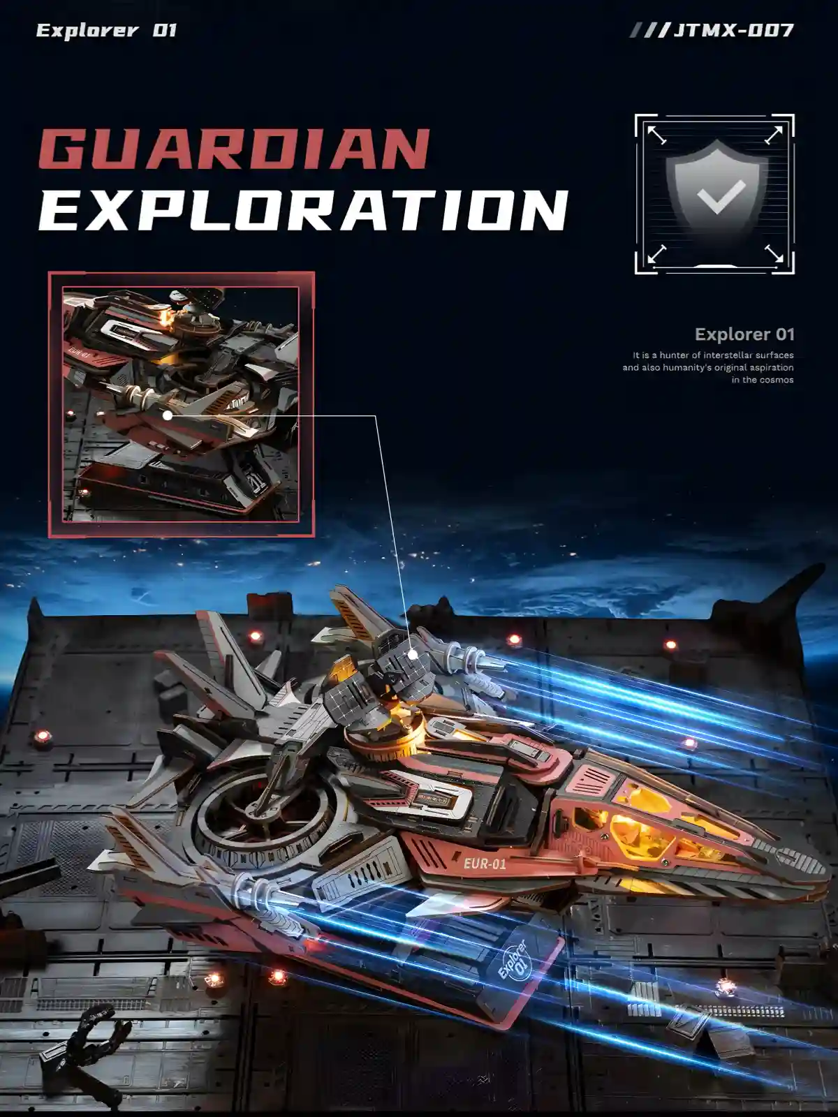 Interstellar exploration ship sci fi wooden puzzle spacecraft model flying over cosmic surface