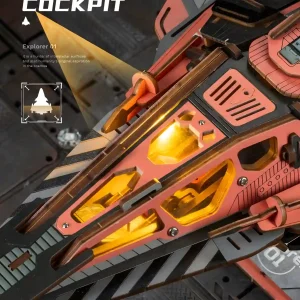 Futuristic wooden puzzle fully transparent glowing cockpit of mechanical spaceship model kit