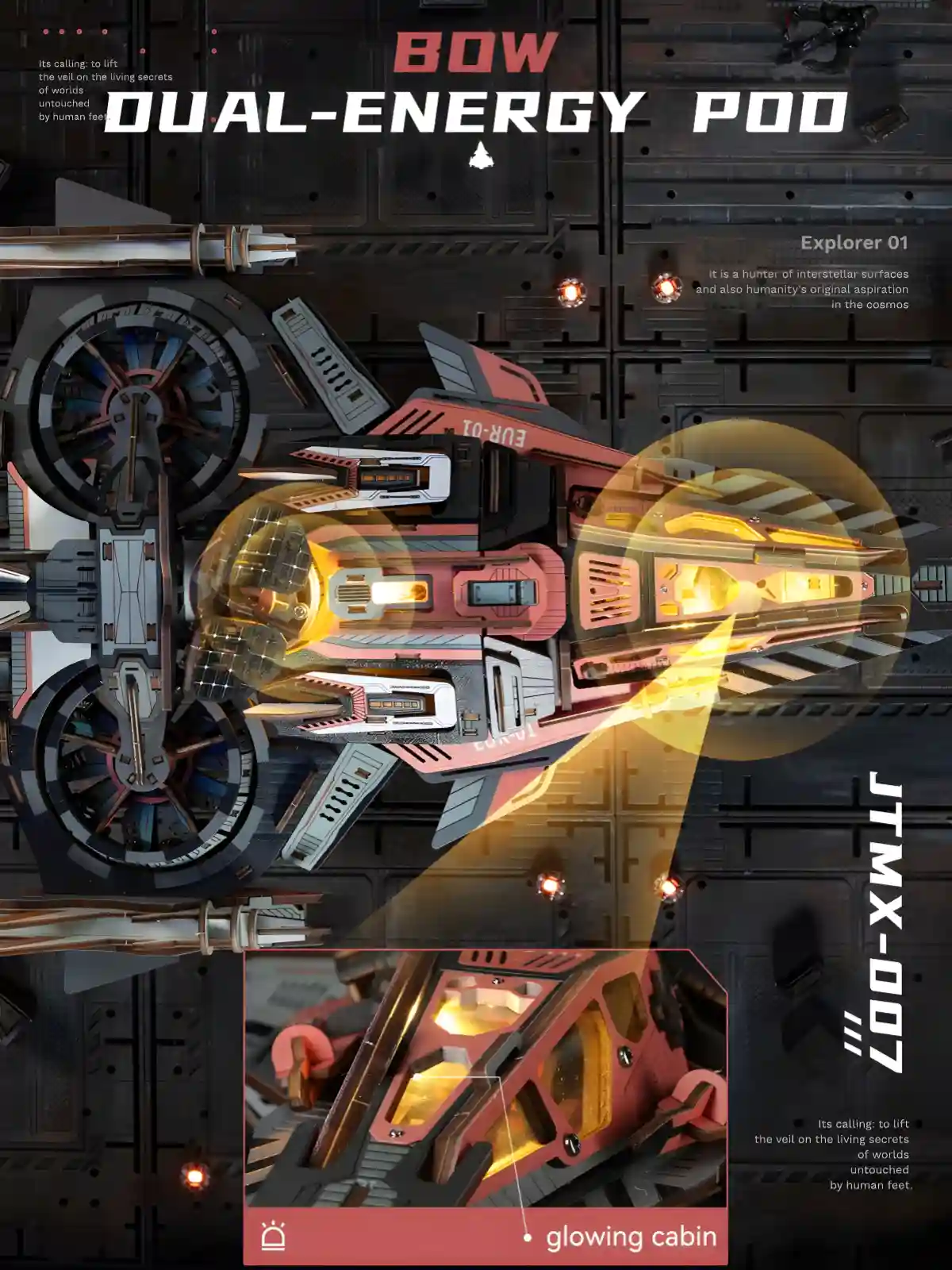 Planetary exploration vessel bow dual energy pod mechanical wooden puzzle with glowing cabin