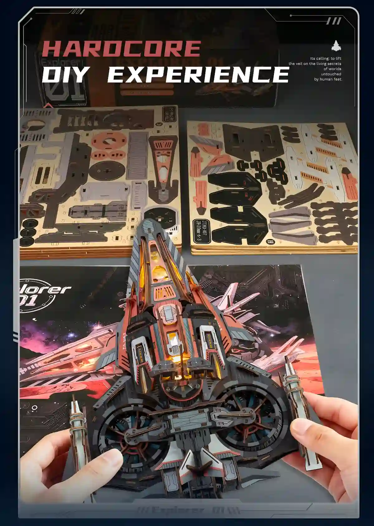 Hands building DIY spaceship model kit hardcore DIY experience sci fi wooden puzzle
